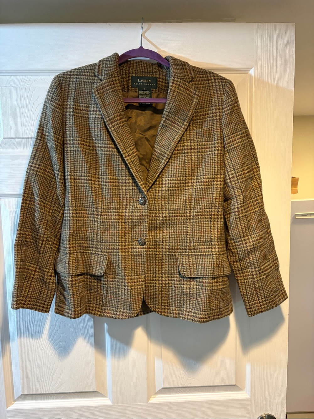 Lauren Ralph Lauren Tan and Brown Plaid Wool Blazer